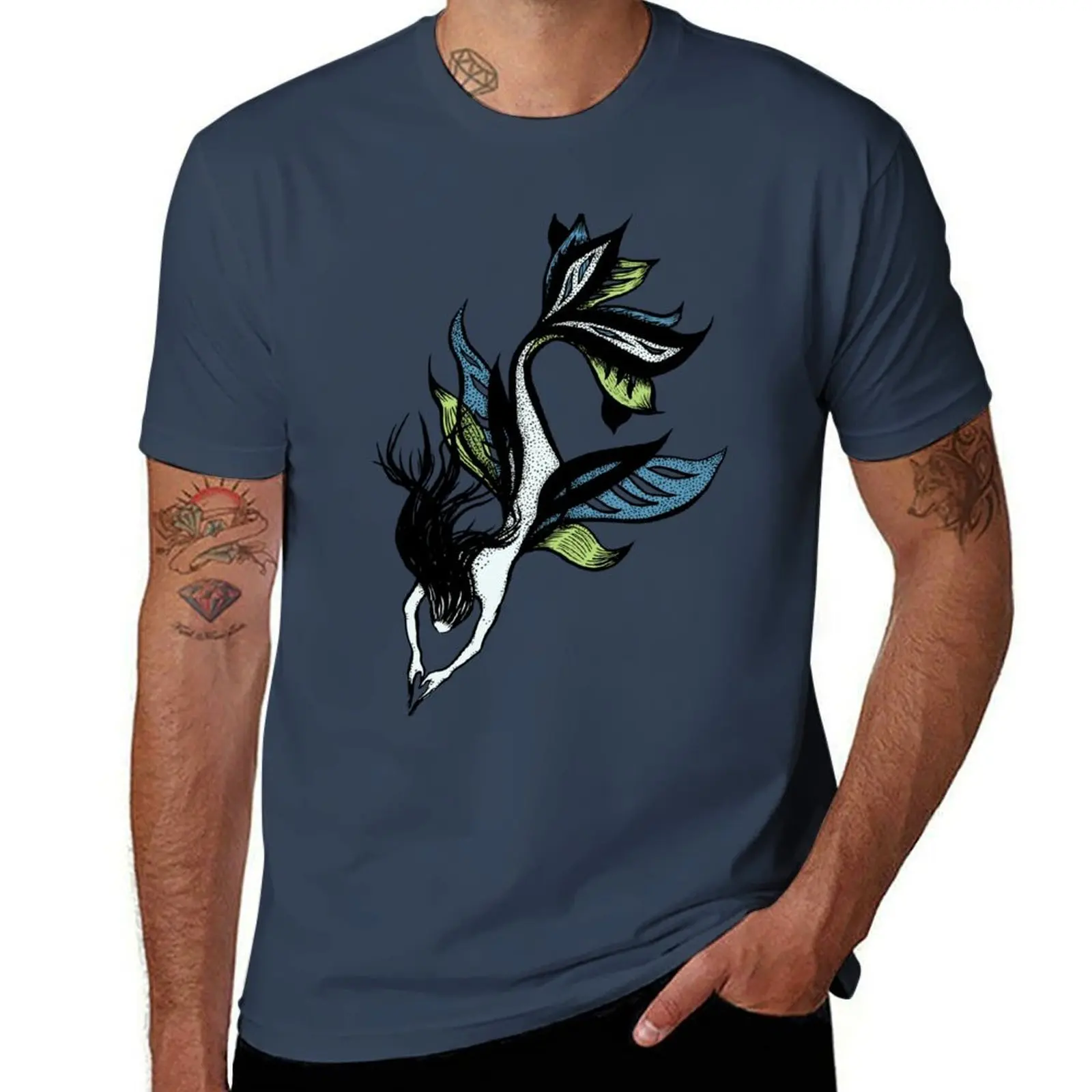 

Beautiful mermaid ink drawing in blue and green T-Shirt t shirt personalised t shirts for man graphic funny T-Shirt