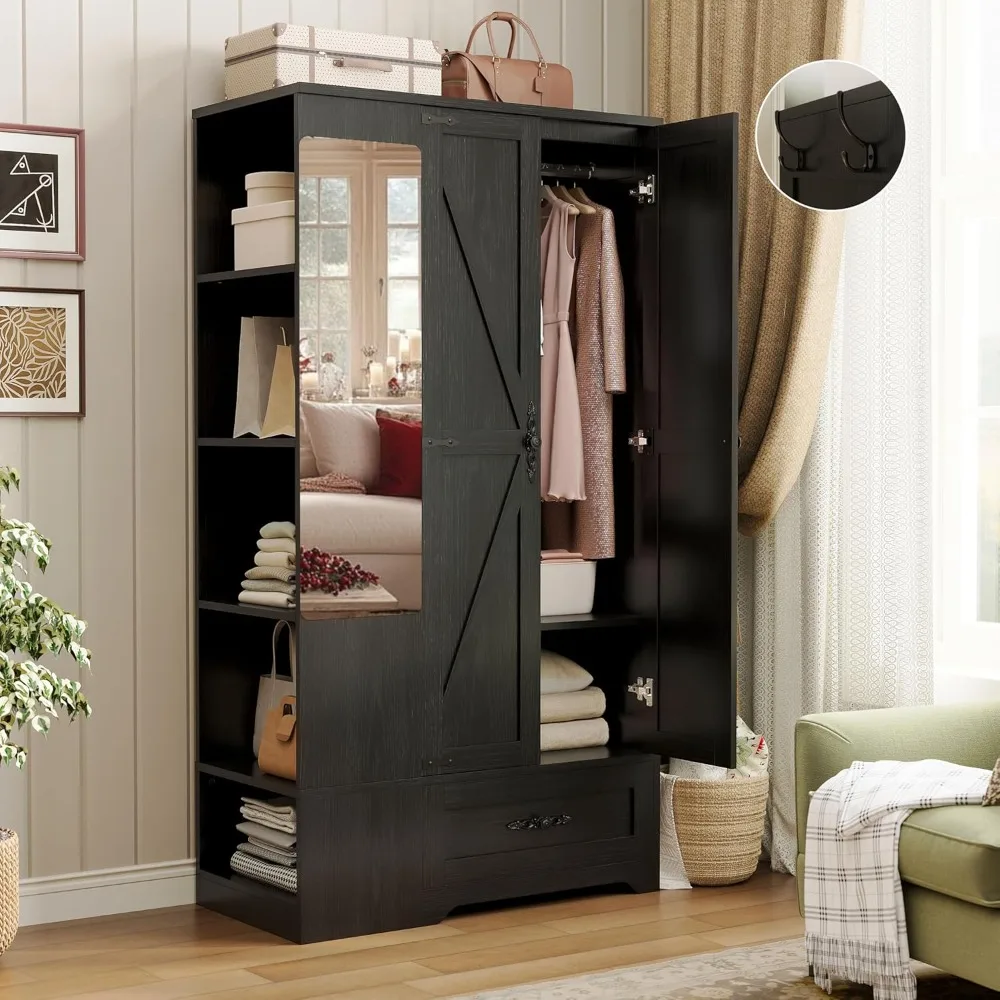 

Armoire Wardrobe Closet with Mirror, 70 H Wooden Bedroom Armoires and Wardrobes with 2 Doors, 5 Shelves, Hooks and Drawer