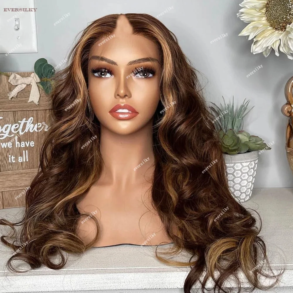 

Highlight Golden Blonde Body Wave V Part Wig 100% Real Human Hair Loose Wavy Auburn Brown U Shape Wig Full Machine Made End 250%