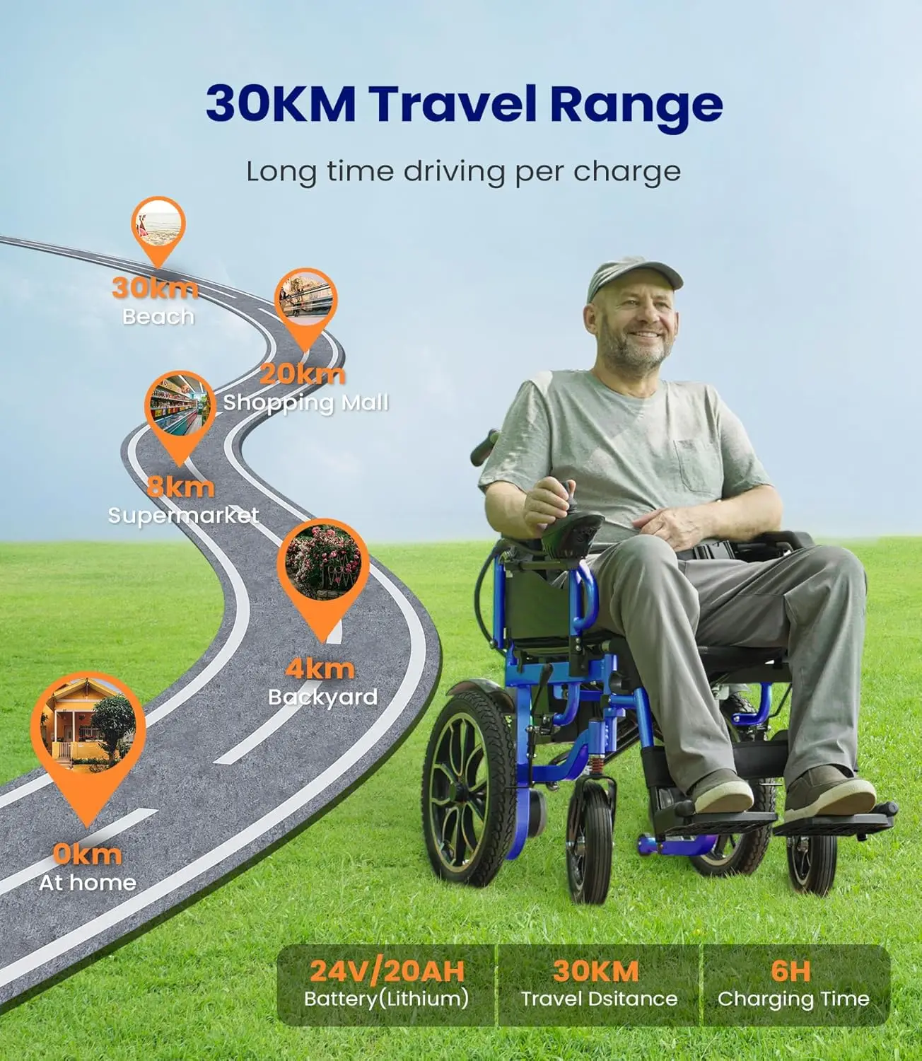 Elektrischer Faltbarer Leichter Rollstuhl bis 150kg 30km Outdoor mit 40cm Gummireifen Tragbarer Reise-Elektrorollstuhl – Detail 1