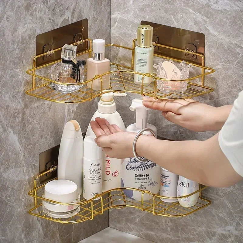 Gold No-drill Bathroom Shelf Corner Shelf Shower Shampoo Storage Rack Holder Toilet Organizer WC Bathroom Shelves Accessories