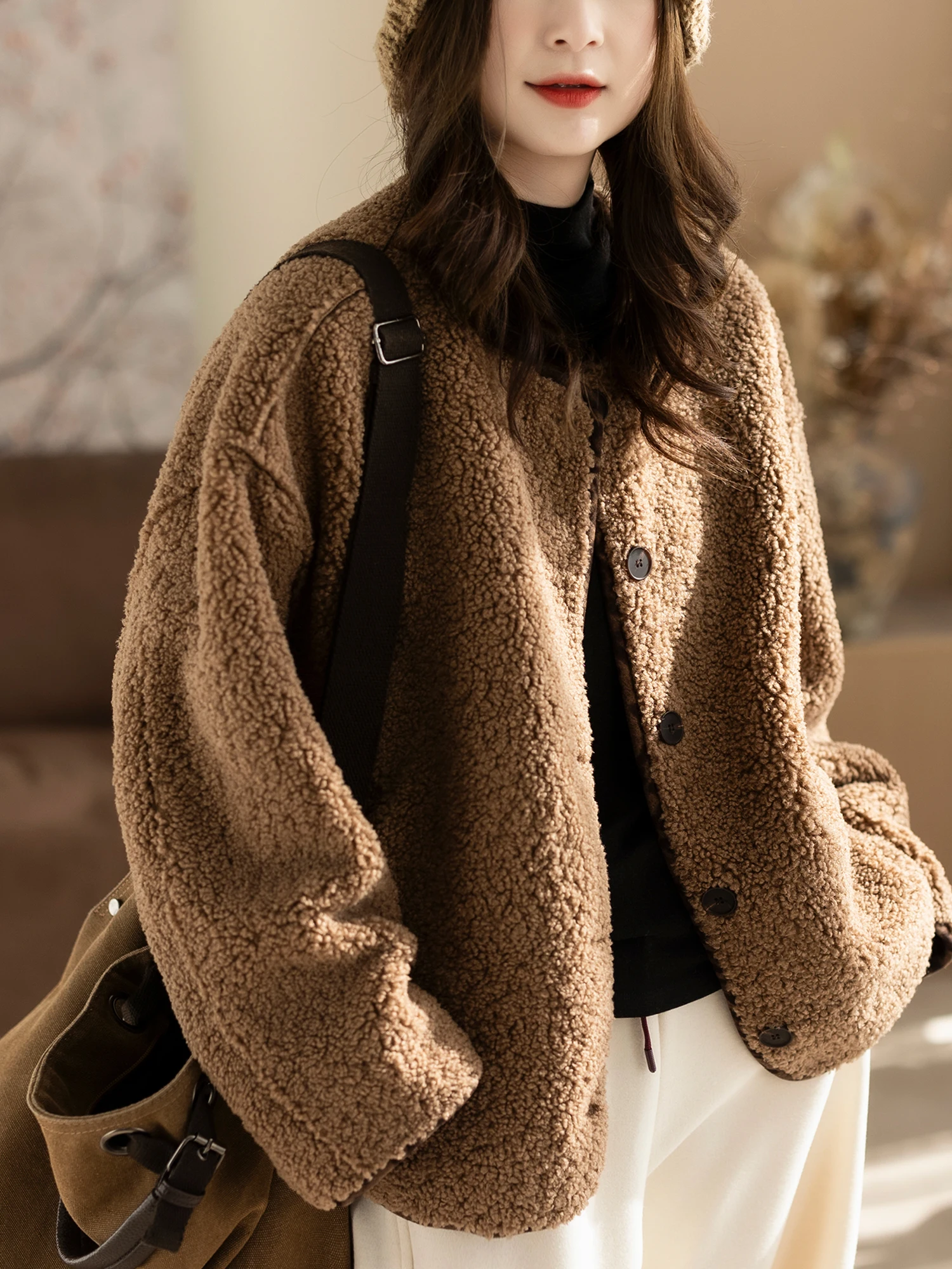 

Kyu Thiened Lamb Fur Jaet Fce Loose Warm Women's Casual Sle Coat Polyester Fabric round Ne Long Sve Outerwear
