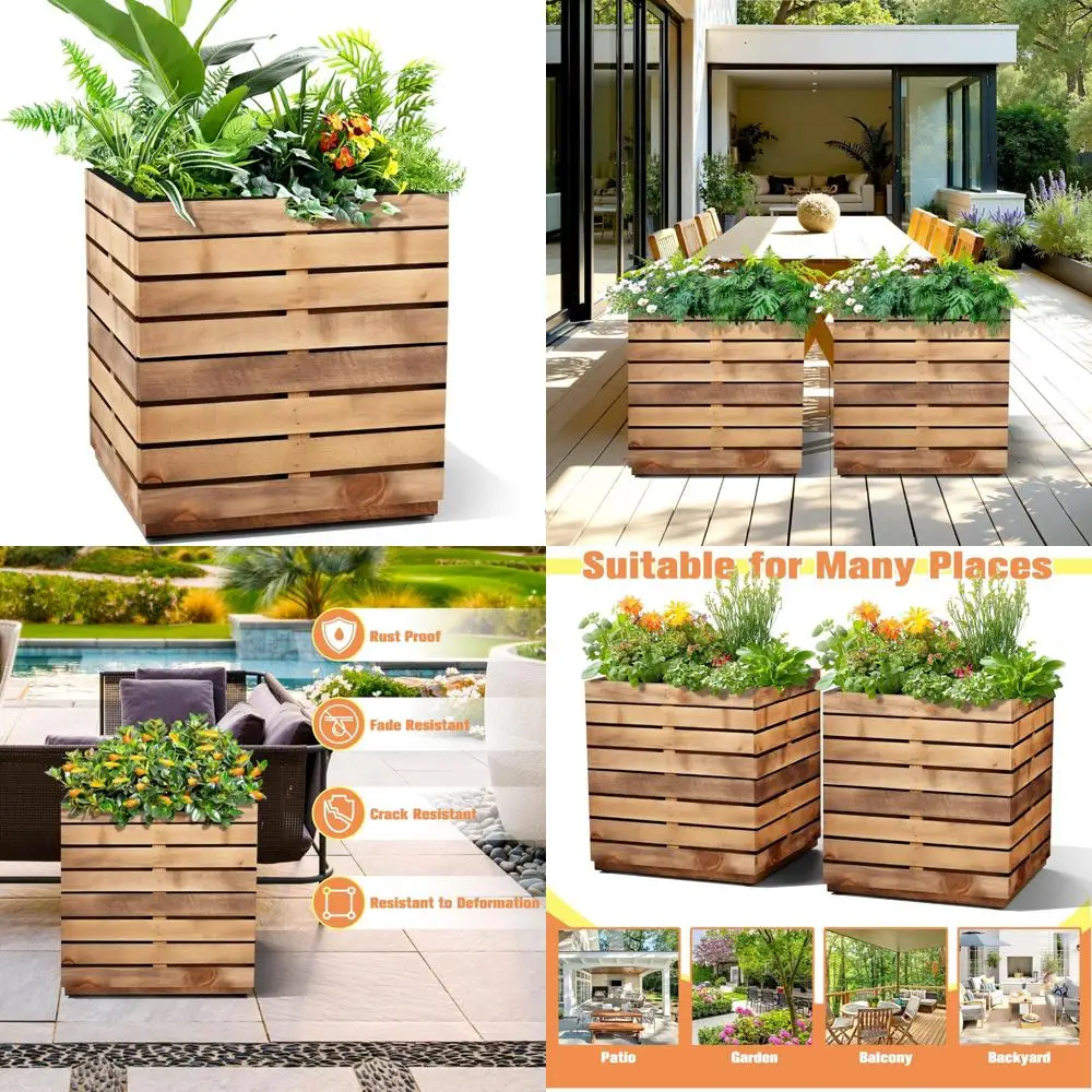 

Large Outdoor Rectangular Planters with Drainage, Tall Walnut-Finished Planter Boxes for Garden Plants