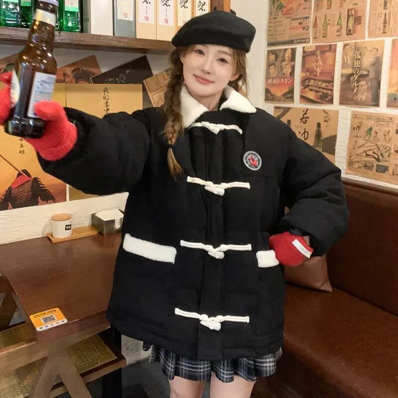 

Одежда с пряжкой бычьего рога, зимнее свободное теплое студенческое стеганое пальто, толстая короткая хлопковая стеганая куртка, женские топы