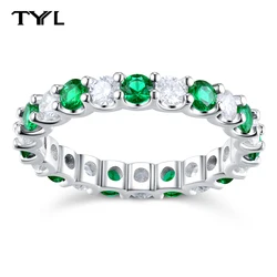 TYYL 3mm Round Moissanite Ring Full Diamond Women Lab Grown Emerald Gemstone Rings Real 925 Silver Eternity Wedding Band Jewelry