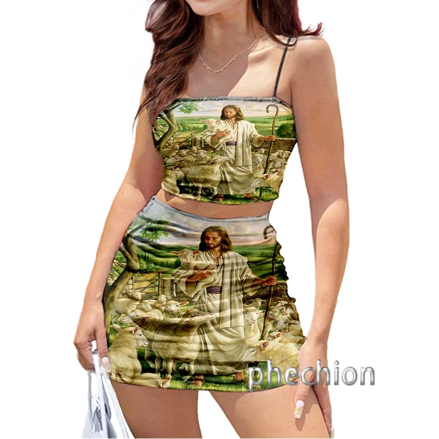 Phechion New Fashion 3D Print Jesus Women Club outfit Sexy Sling Tube Tops e Short Dress 2pcs Dress Sets K09