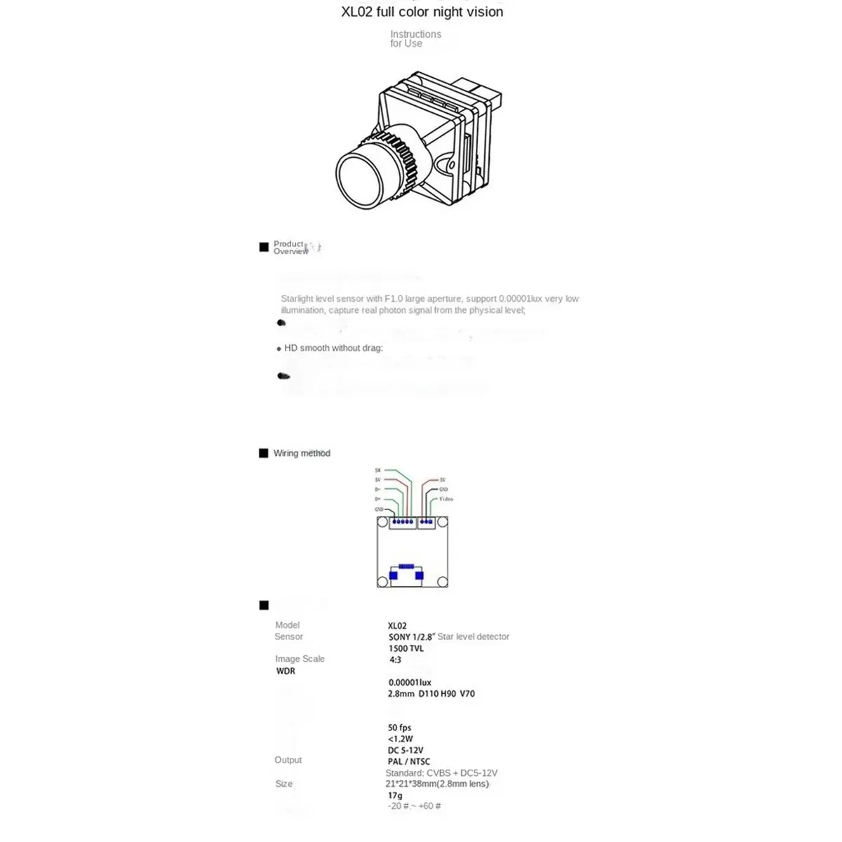 Full Color Night Vision Camera 1500 TVL Analog Image Transmission Full Scene High Definition 50fps