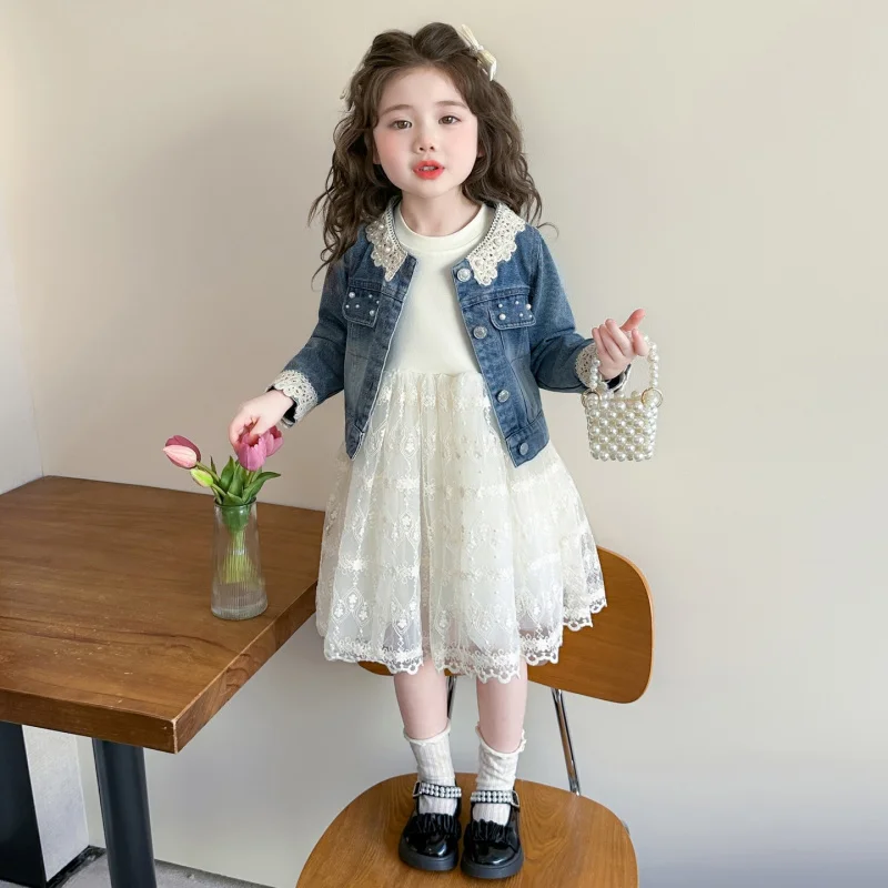 

Girls' Spring Dress2026New children's denim vest two-piece set with mesh princess dress for girls