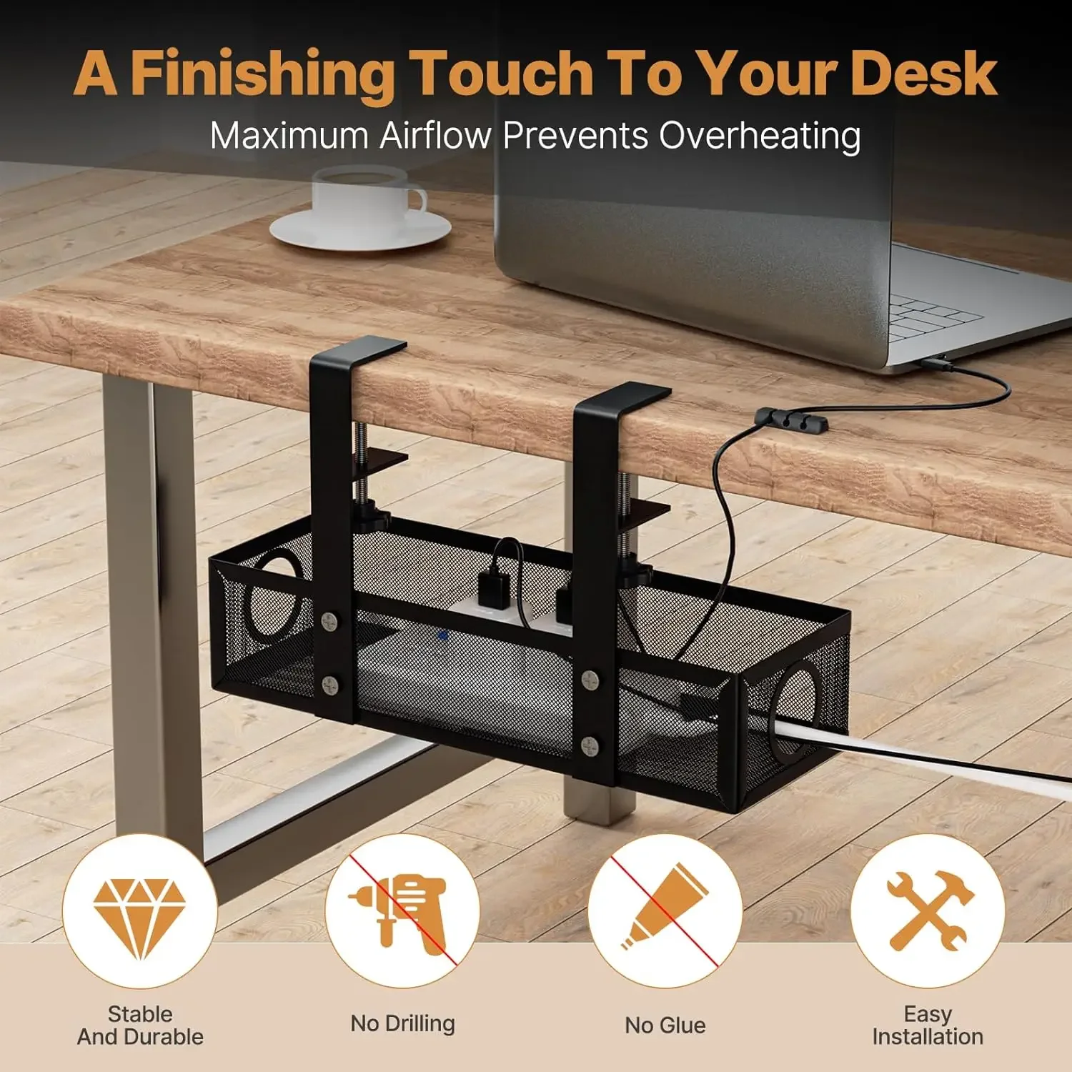 Under Desk Cable Management Tray No Drill Steel Desk Cord Wire Management Tray Cable Management Rack with Clamp for Office Home