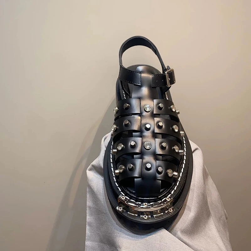 Rivet Design Womens 2025 New Style Genuine Leather Vintage Roman Sandals Horsehair Leather Summer Black Chunky Sole