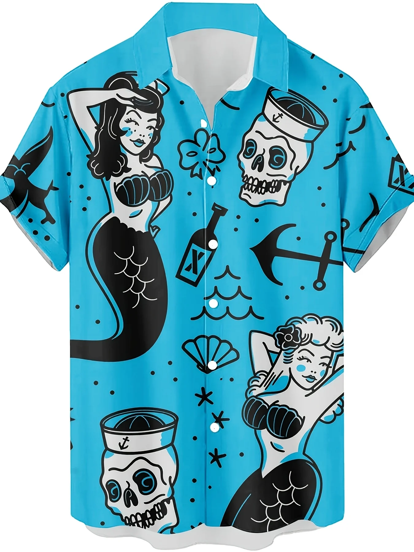 

Men's Vintage Tattoo Mermaid Skull Print Short Sleeve Shirt Casual Hawaiian Button Down Shirts For Men Beach Vacation Party Wear