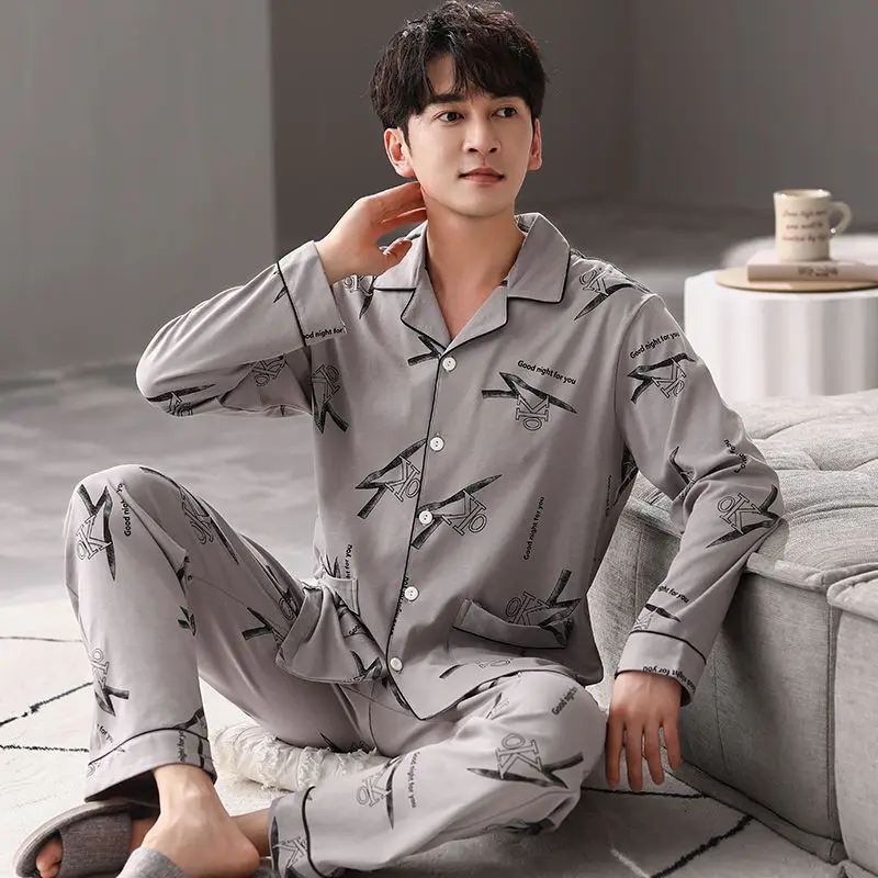 2025 Autumn Plus Size Long Sleeve Cotton Print Pajama Sets for Men Korean Loose Sleepwear Suit Pyjama Male Homewear Home Clothes