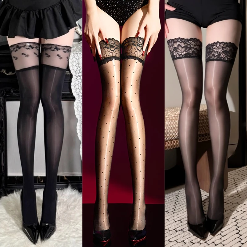 

19 Styles Black Sexy Lace Top Silicone Stay Up Thigh High Stockings Female Erotic Ultra Thin Transparent Pole Dance Clubwear