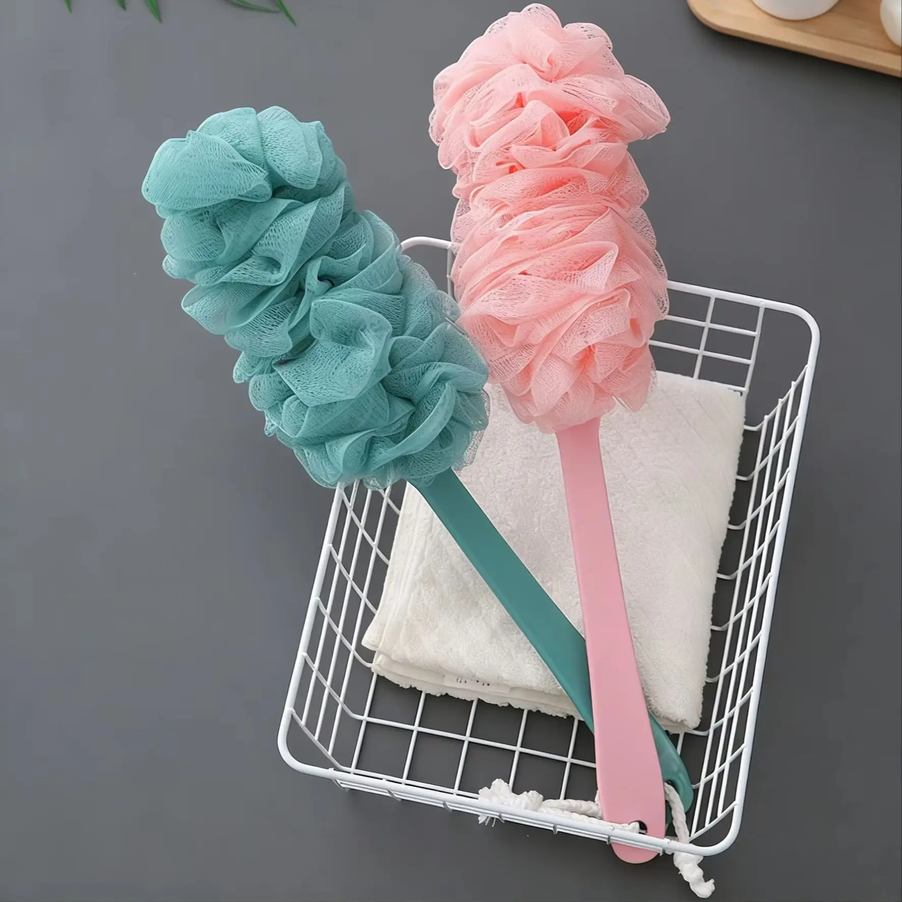 Exfoliating Shower Sponge with Long Handle Loofah Bath Ball for Spa Bathroom Use Effective Dead Skin Eraser Back Washer