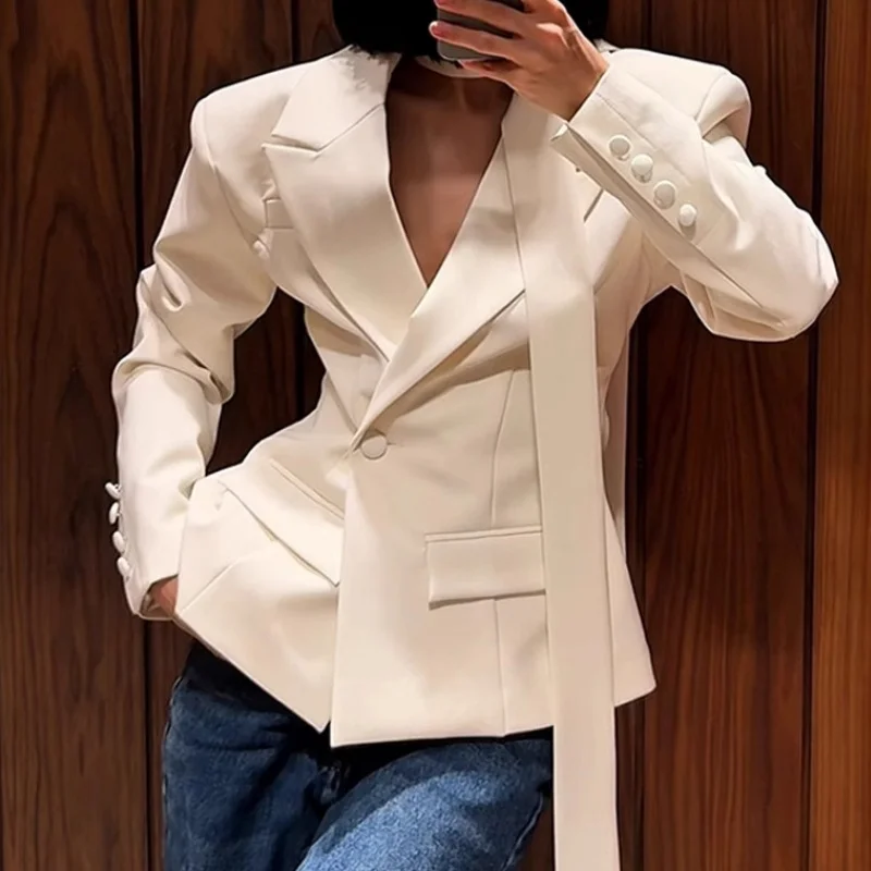 

Elegant Blazer Jacket Women Temperament Lapel Shoulder Pad Long Sleeve Single Button Coats 2025 New Office Lady Commuting Coat