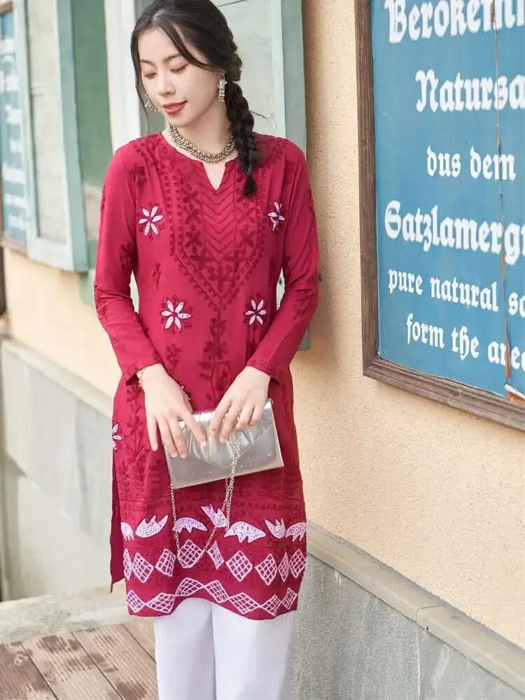 الملابس الهندية النسائية العرقية نمط القطن الحرير الأعلى المطرزة اليوغا اللباس عارضة فضفاض رقيقة نمط روز الأحمر اللباس الهندي أعلى