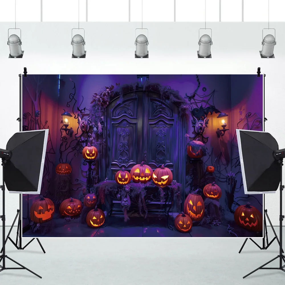 Halloween Party Backdrop Decor Pumpkin Lanterns Retro Castle Door Kids Portrait Photography Background Photostudio Photo Props