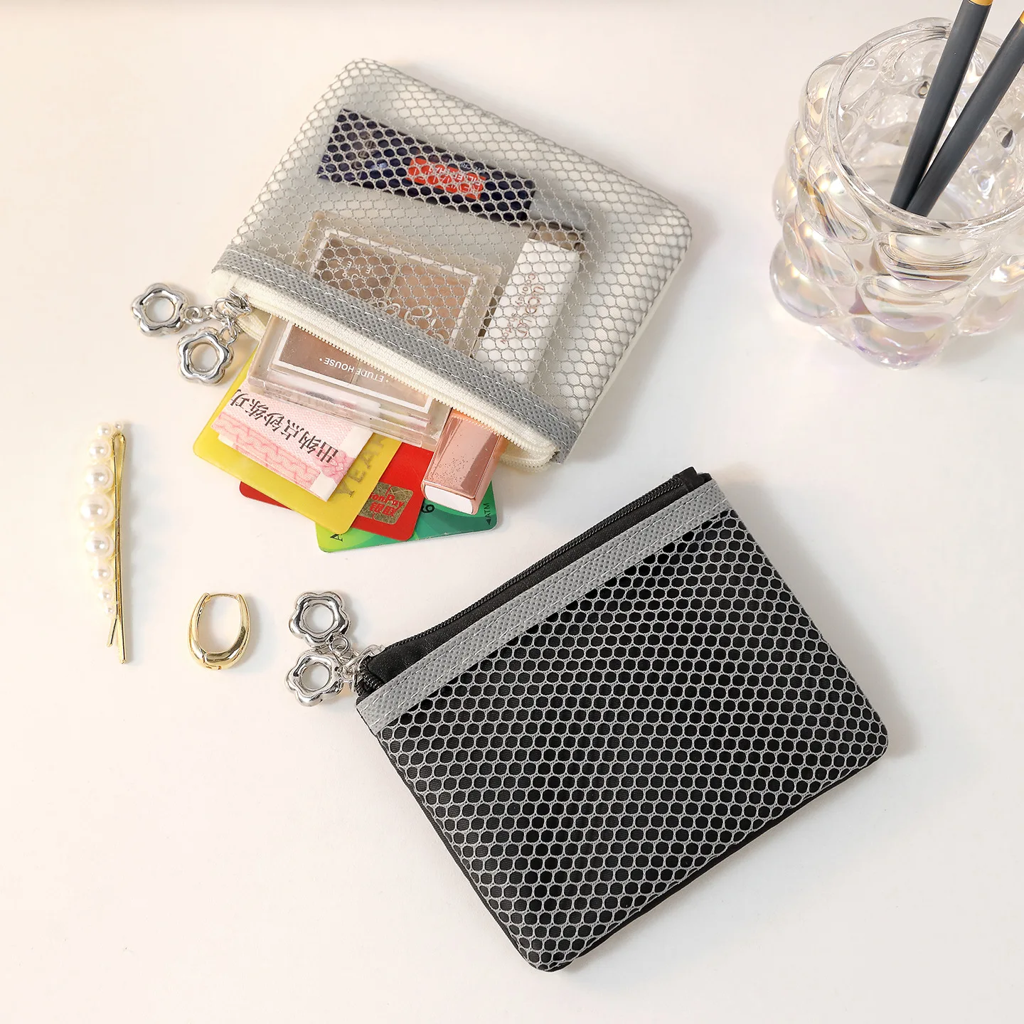 Women Mesh Card Holder Slim Design Honeycomb Zipper Coin Purse with Flower Pull ID Window Small Pouch Ladies Wallet Case