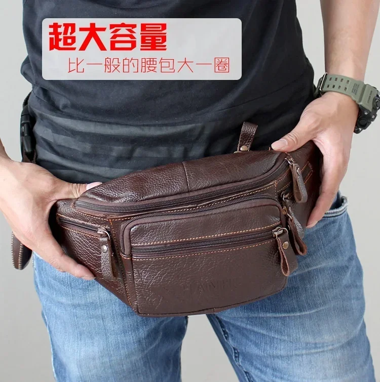 Sac banane en cuir de vachette véritable pour homme, sac de ceinture amusant, poudres de téléphone, plusieurs poches, randonnée, course à pied et