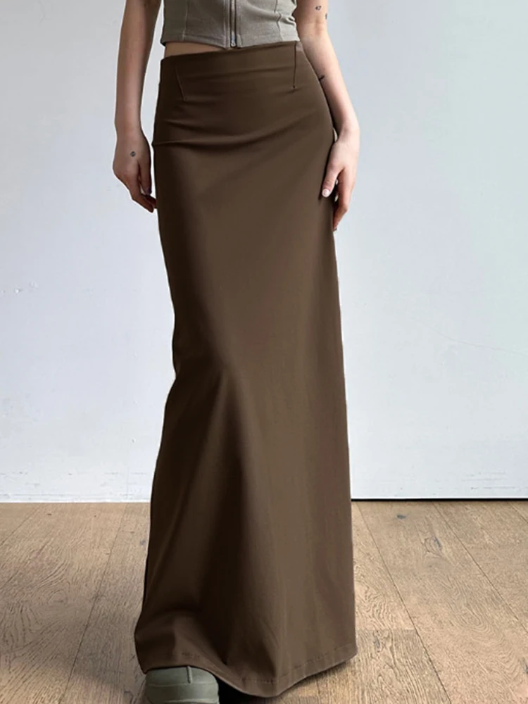 Sexy American Retro Brown Straight Cut  Skirt Low Waist Slit Daily Wear Polyester Fabric Fish Tail Long Dress