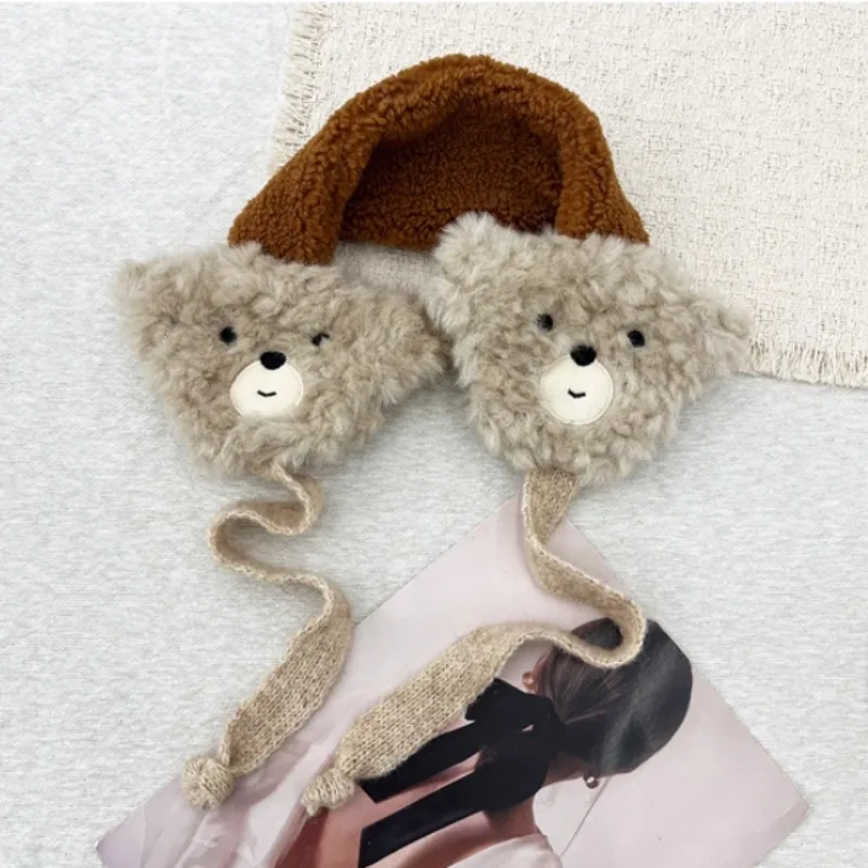 Ins لطيف الدببة الضخمة غطاء للأذنين للنساء الخريف والشتاء السفر الدافئة حماية الأذن تنوعا الحلو حزام البلوز قبعات #6