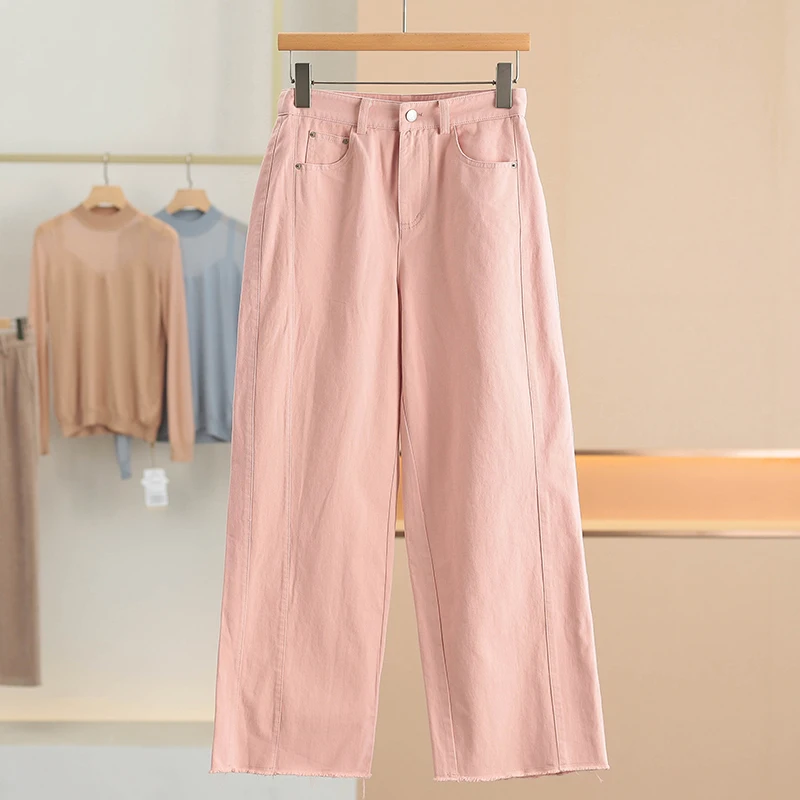 

XKing High Waist Wide Leg Straight Cut Pure Color Jeans 100 Cotton Summer New Women's Loose Fit Zipper Closure Casual Trousers