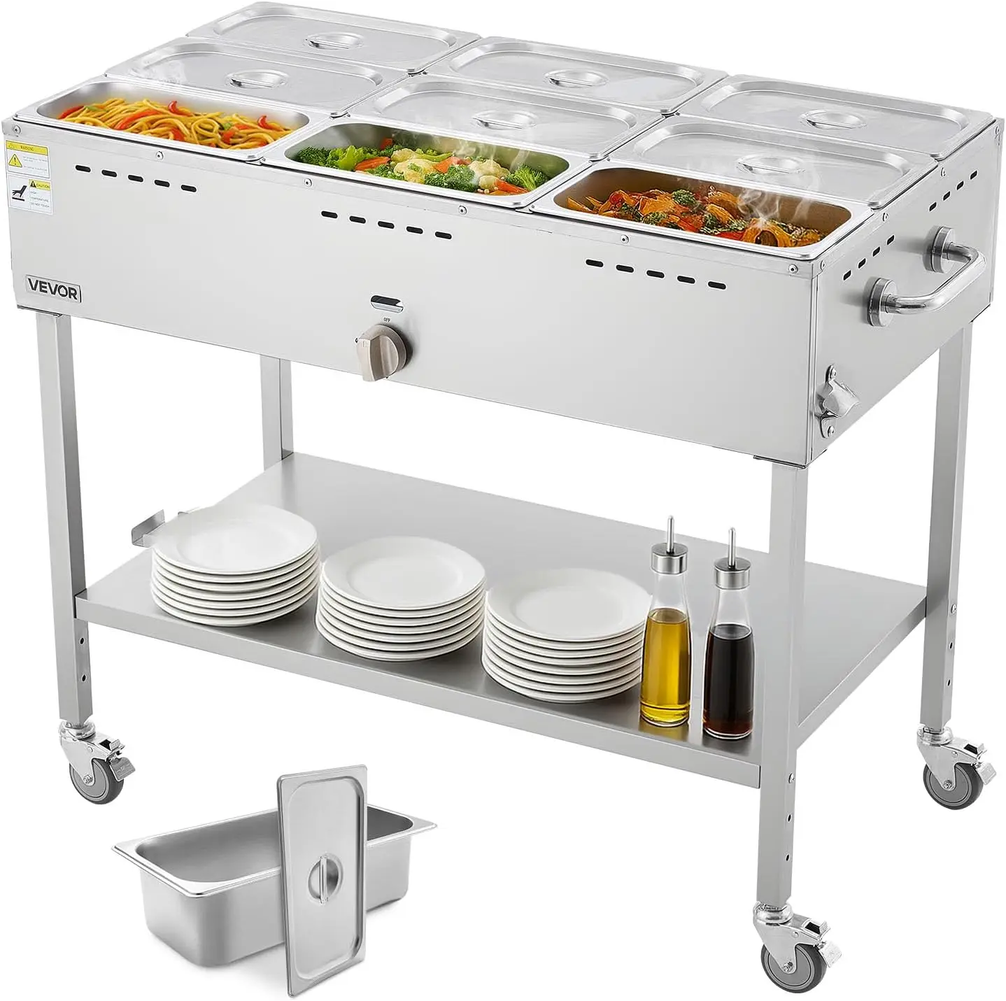 9-Pan Commercial Propane Steam Table, LP Gas Outdoor Soup Warmer with Drain Valve and 3