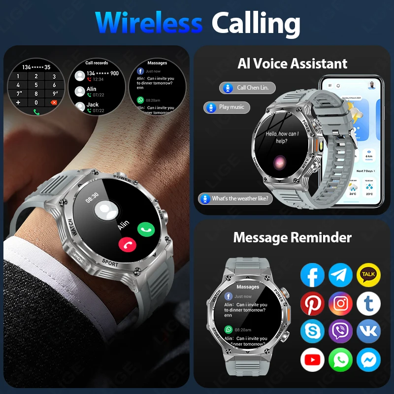 ساعة ذكية LIGE مزودة بمصباح يدوي مقاس 1.9 بوصة للرجال، ساعة رياضية خارجية، بطارية كبيرة 700 مللي أمبير، ساعة ذكية مزودة ببلوتوث وإضاءة LED