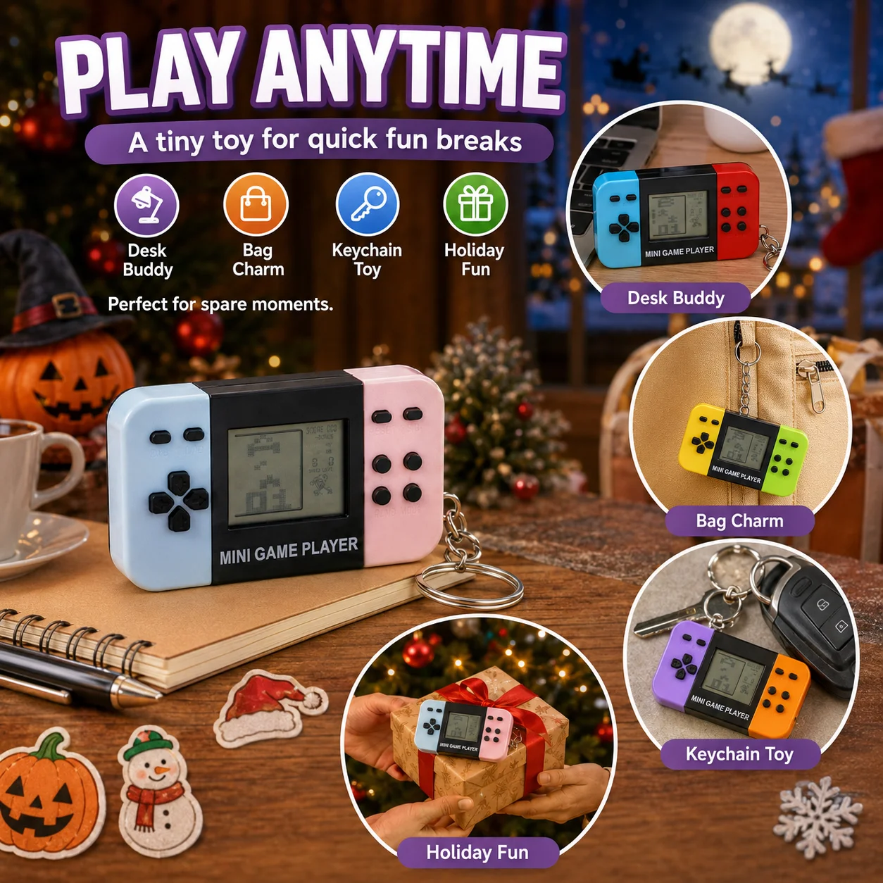Keychain Videogames Mini Handheld Game Console Backpack Keychain Blue Retro Game Console with Bells Keyring
