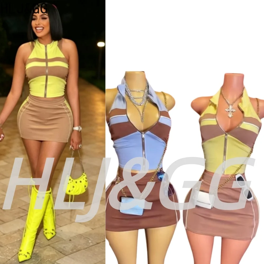 

HLJ&GG Trend Y2K Splicing Mini Skirts Two Piece Sets Women Sleeveless Zip Slim Crop Top And Skirts Outfits Fashion Streetwear