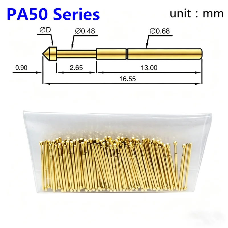 100PCS Gold-plated Spring Test Pin PA50-A2 B1 E2 D2 G2 H2 J1 Q1 Q2 T2 LM2 Outer Diameter 0.68mm Length 16.55mm PCB Probe