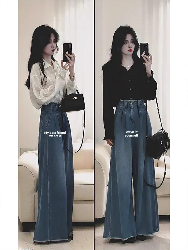 

Faionable Korean Sle Long Sve Top And Wide Leg Jeans Women's Spring Outfit Two Piece Set V Ne Button Closure