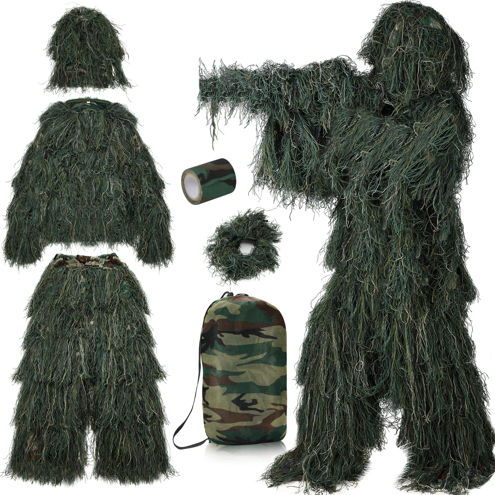 Ghillie Suits 3D Woodland Camouflage Adult Universal Hunting Clothes Adjustable Size Tactical Suit Set Kits for CS game