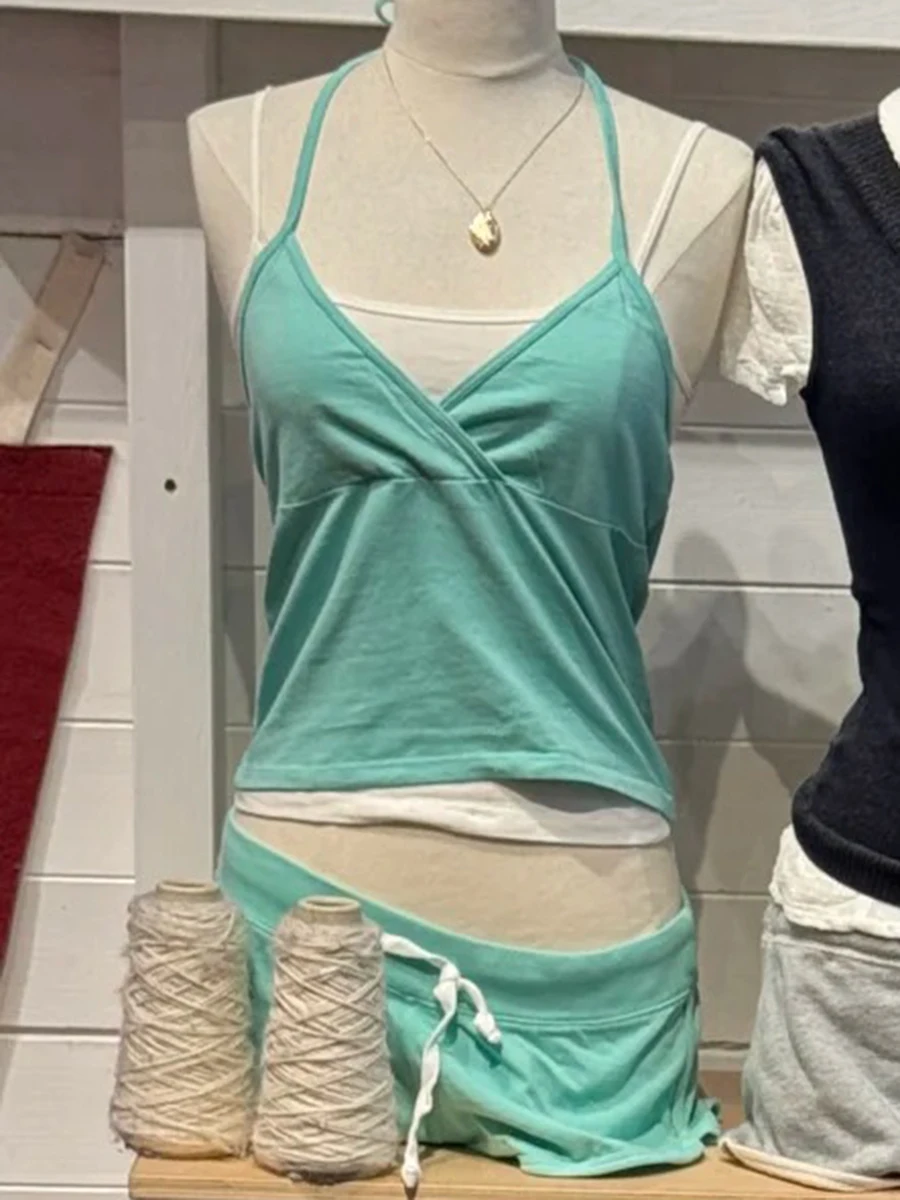 Teal V-neck Slim Halter Tank Tops Women Simple All-match Cross Cotton Backless Cropped Vests Sweet Cute Vintage Camisole Y2K New