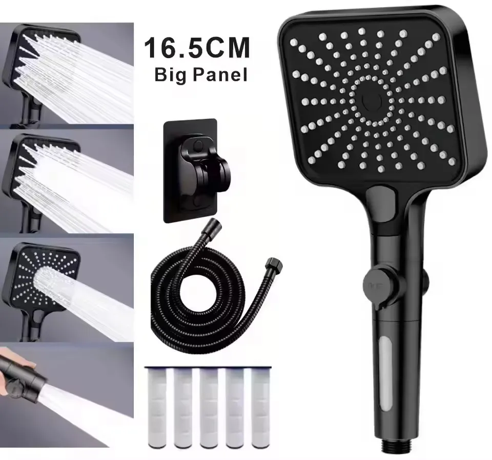 

16CM Big Panel High Pressure 4 Modes Shower Head with Filter Water Saving One Key Stop Sink Faucet Hose Bathroom Accessories