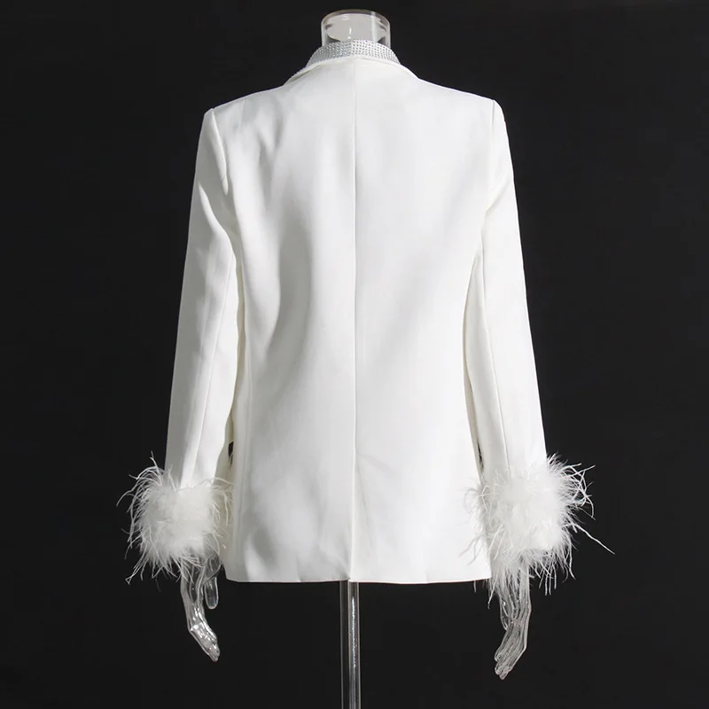 HKSH Spring Autumn New Women Blazer Turn-down Collar Studded Diamonds Single Button Cuff Spliced Feather Luxury Ins Coat HK16316