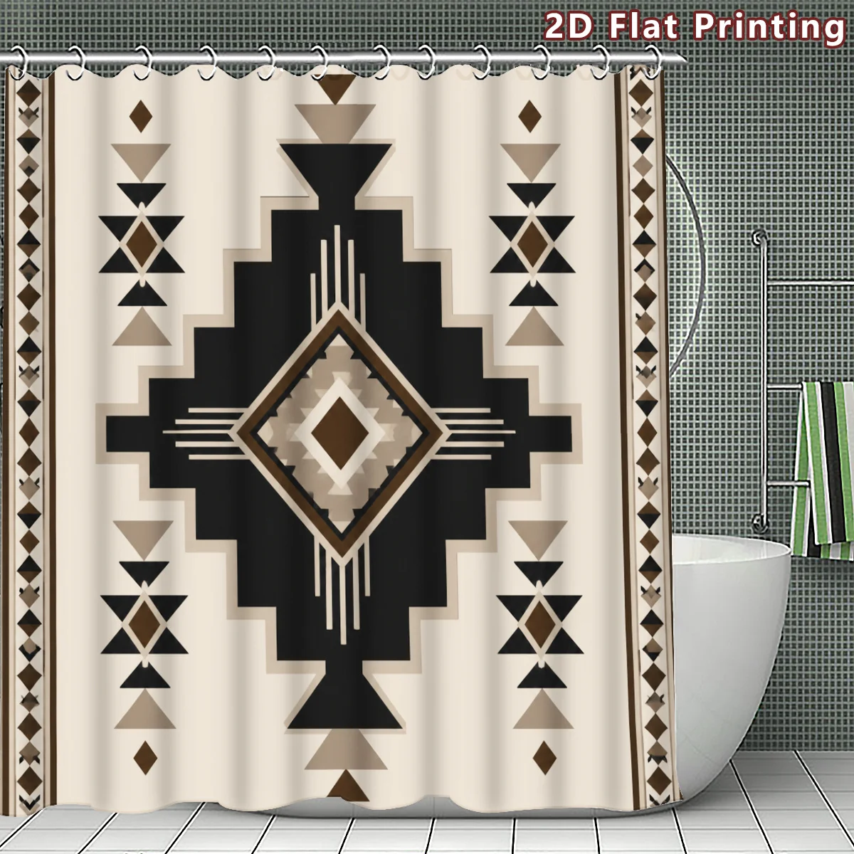 Boho Aztec Shower Curtain, Black Beige Geometric Tribal Print Waterproof Bathroom Decor, Southwestern Style Home Bath Screen