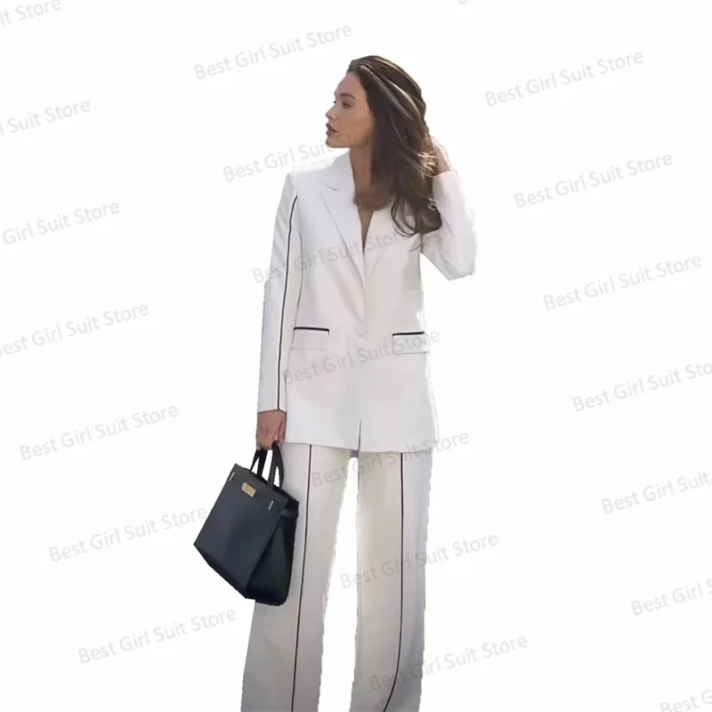 White Cotton Women Suit Pants Set Blazer+Trousers 2 Pieces Black Line Wedding Tuxedos Prom Dress Custom Made Party Coat Jacket