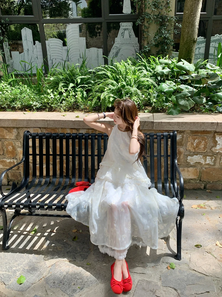 

Белый модный комплект: женский жилет и юбка миди, комплект из двух предметов, круглый вырез, китайский бренд Yang Bu...