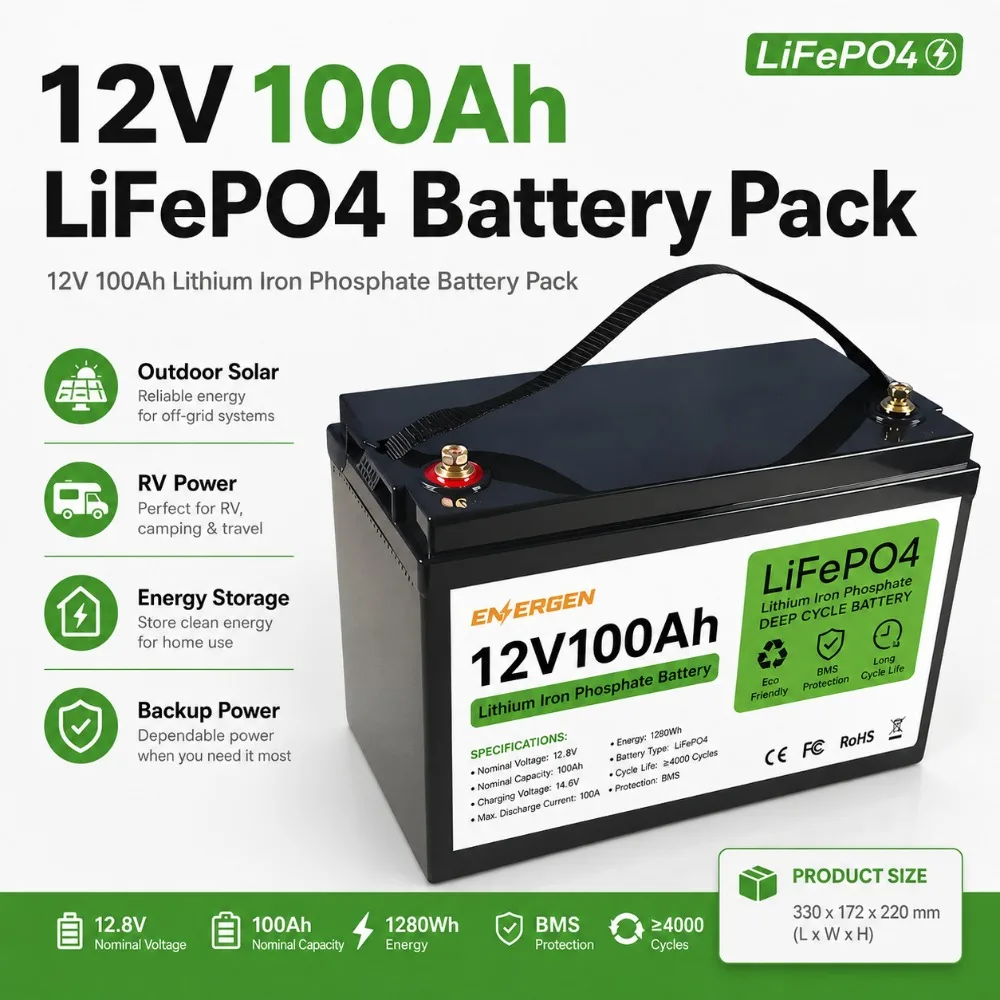 12V 100Ah Lithium Iron Phosphate Battery Pack LiFePO4 Outdoor Solar RV Energy Storage Large Capacity Backup Power Battery