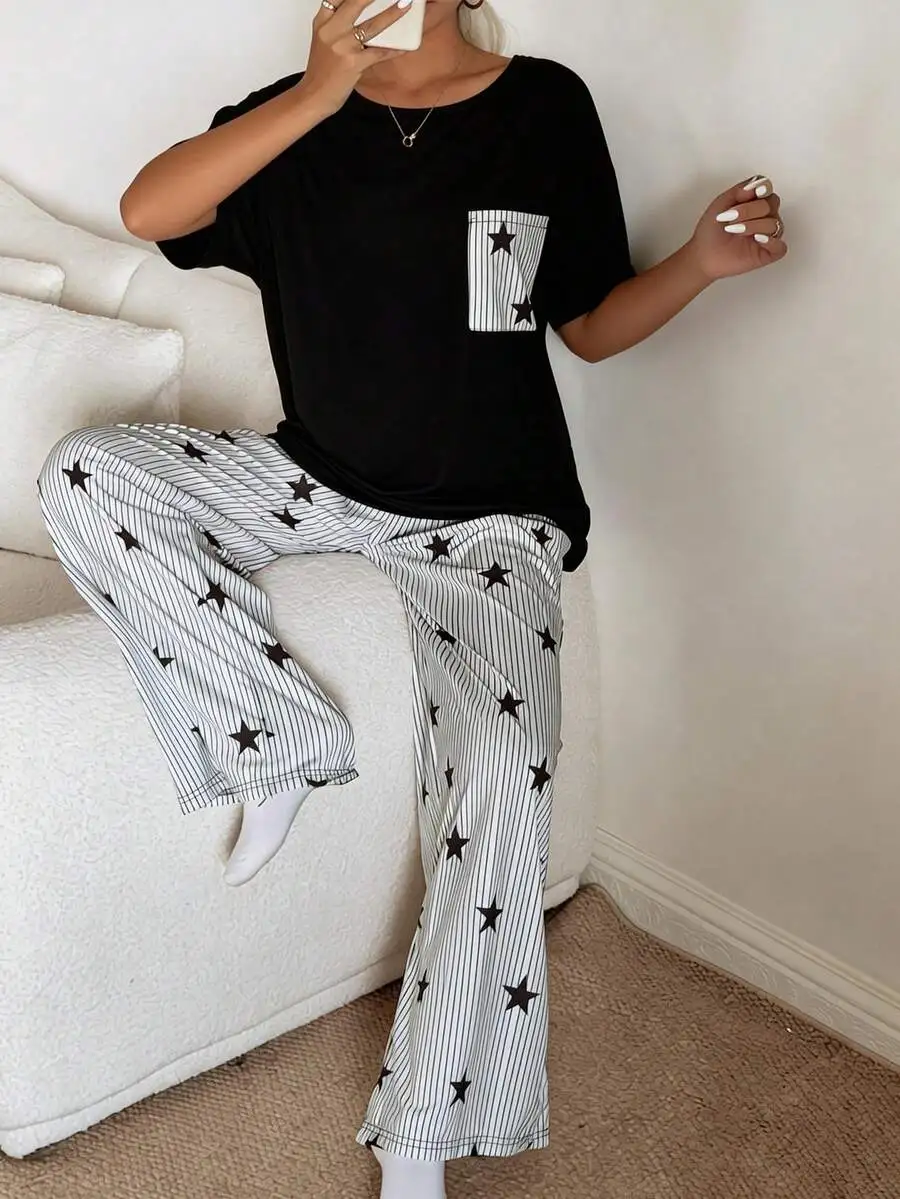 

Womens Loose Short Sleeve Sleep Top With Star Pocket And Striped Star Print Pajama Pants