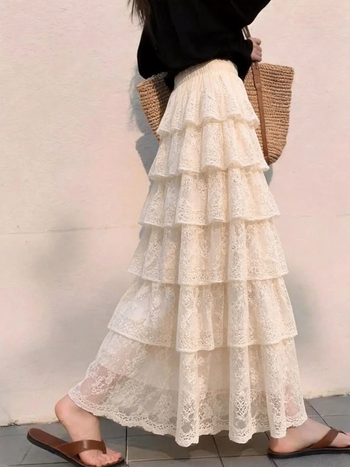 

Elegant High Waist A-Line Lace Skirt Draped Long Summer Fashionable Commute Korean Style Casual Straight Body Half-length Skirt