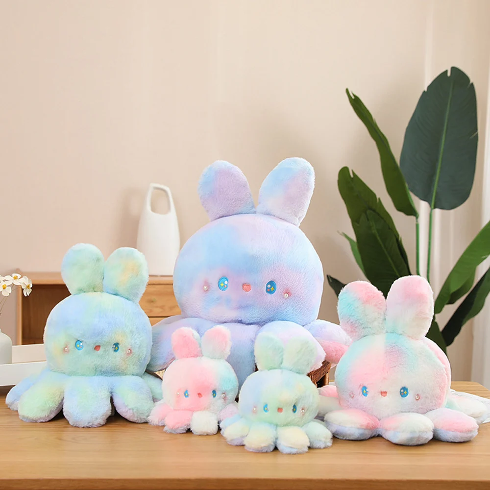 Cute Reversible Rabbit Plush Toys Double Sided Octopus Bunny Soft Doll Huggable Pillow Christmas Gifts for Kids GIrls Room Decor