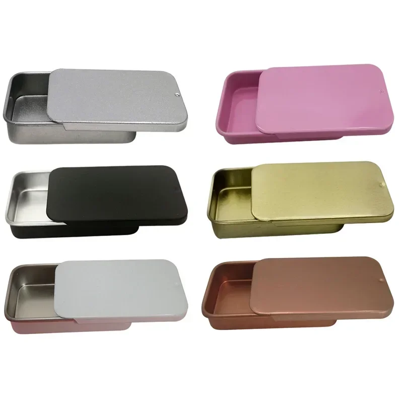 Tarro de hojalata vacío Rectangular de Metal, organizador de empuje de hojalata, caja de almacenamiento de cubierta deslizante, frascos de pastillas