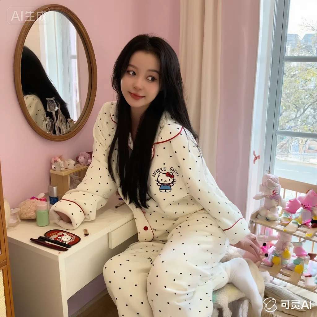 

Пижамы Hello Kitty Sanrio Spot Kawaii Осень Зима Оставайтесь дома Чистый хлопок Удобный сон для отдыха Можно носить на улице Новинка