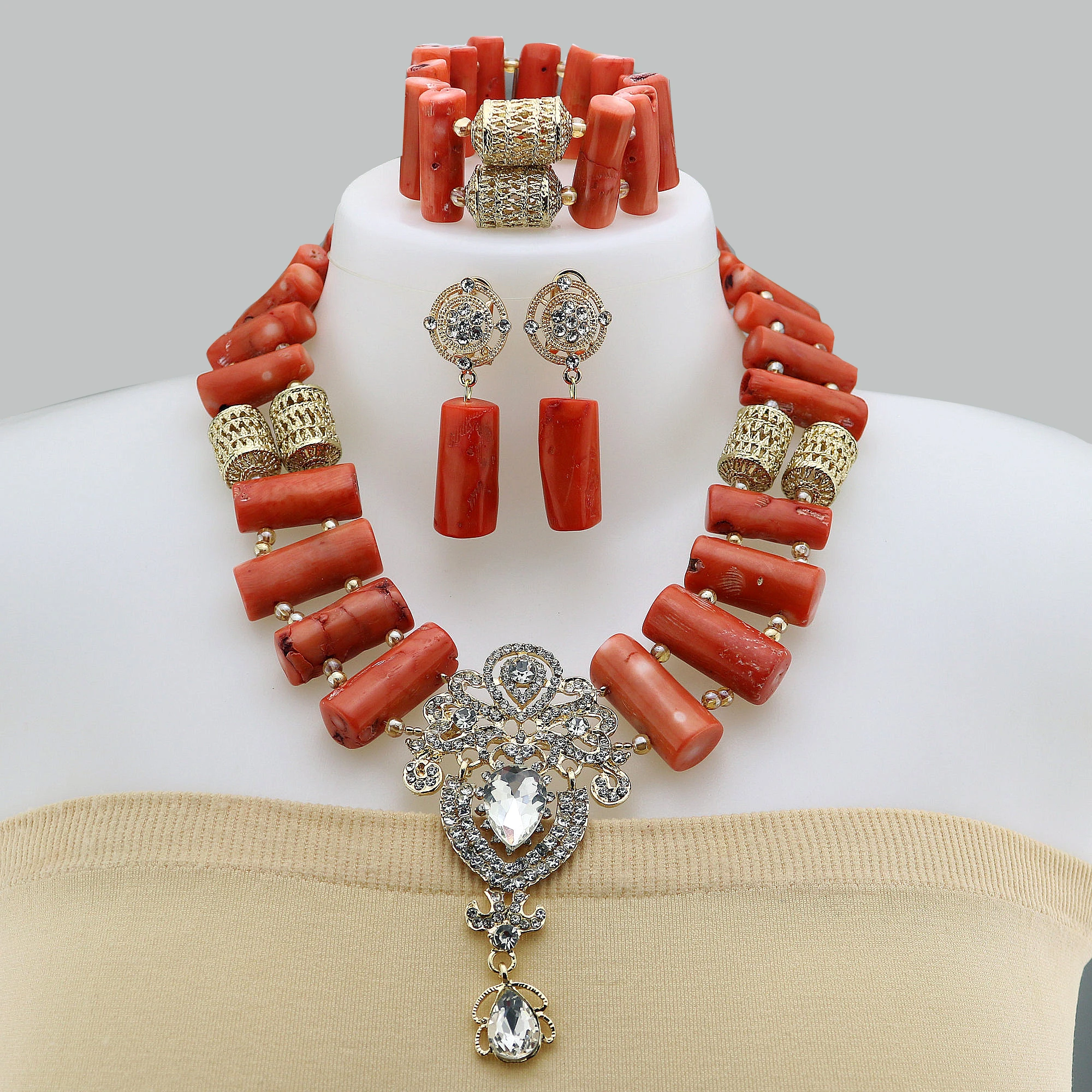 

Nigerian Bride Wedding Natural Coral Bead Jewelry Set Accessories Necklace African Wedding Banquet Wedding Jewelry Set
