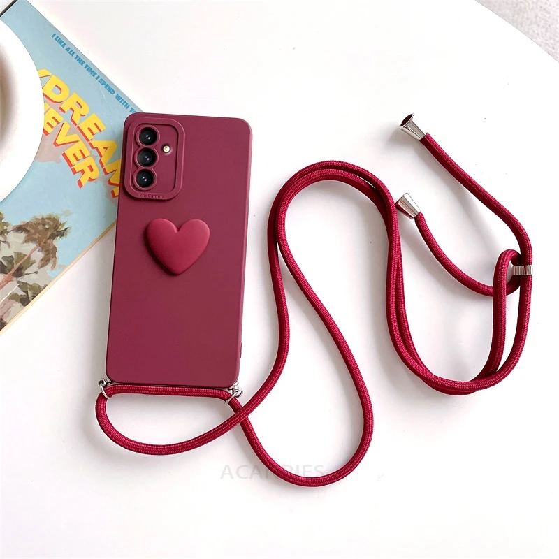 A 15 25 35 55 Crossbody Lanyard Love Heart Case For Samsung Galaxy A15 A25 A35 A55 A54 A34 5g A24 A14 A05s Cord Silicone Cover