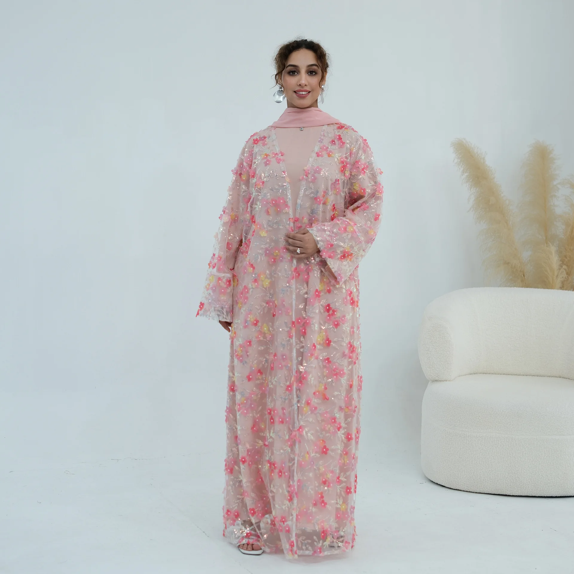 2026 Luxury Abaya EID 3D Floral Embroidery Lace Abaya 3 Pieces Set Modest Abaya Women Muslim Dress with Inner and Hijab view 5