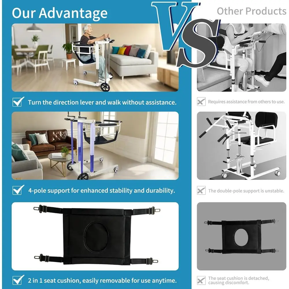 كرسي رفع منتقلي كبير بارتفاع قابل للتعديل، مساعد على التنقل ذاتي التشغيل، سعة 300 رطل، سبائك فولاذية بيضاء