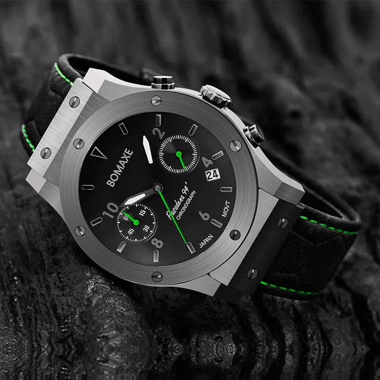 핫세일 모시나이트 다이아몬드 캐주얼 남성 시계 그린 컬러 BOMAXE SA6059 스테인리스 스틸 정품 가죽 쿼츠 손목시계